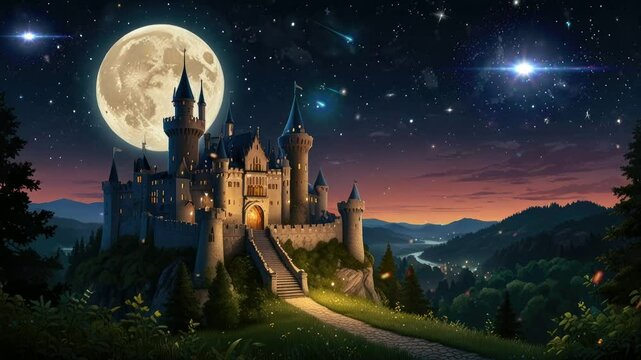Mystical Royal Fortress at Night &ndash; Full Moon and Starry Sky