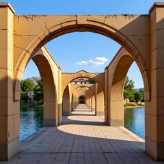Obraz premium an architectural setting featuring a row of large, arched stone structures that could be part of a bridge or walkway extending ove