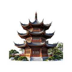 Naklejka premium Beautiful asian wooden pagoda architecture design 3d on transparent background