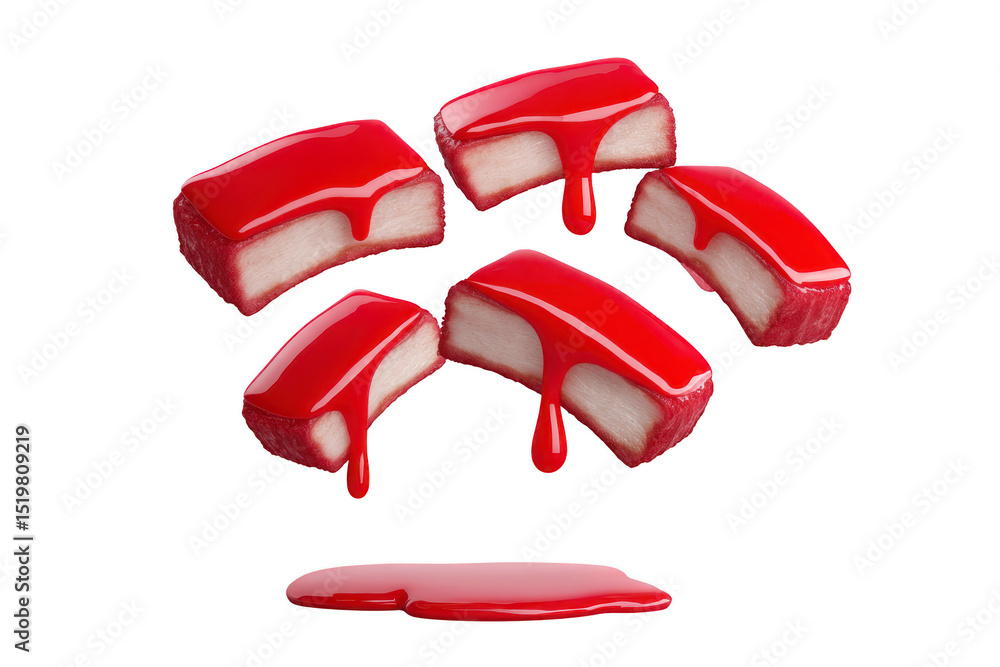 Aufkleber slices of white cake with glossy red icing are artfully arranged, with icing dripping down sides, cr