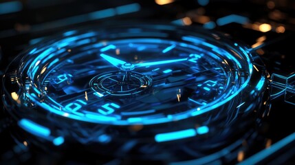 Futuristic glowing blue clock mechanism
