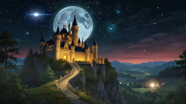 Enchanted Castle Under Moonlight &ndash; Fairytale Night Fantasy Scene