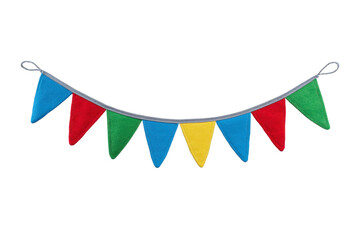 Fototapeta premium Colorful triangular pennant banner with red, blue, green, and yellow flags, perfect for festive decorations and celebrations. vibrant design adds cheerful touch to any event