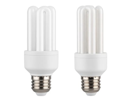 Two compact fluorescent light bulbs with spiral tubes and screw bases.