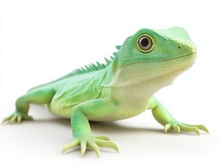 Obraz premium Bright green lizard close-up on white background 
