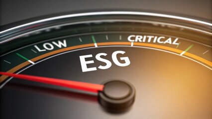 ESG Risk Management: Sustainable Business Strategy Concept, A gauge meter needle indicating risk levels from low to high.