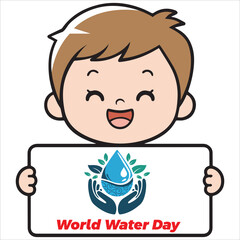 Smiling Boy Holding a Sign That Says Happy World Water Day