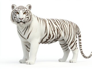 Fototapeta premium Realistic 3D-rendered white tiger with striking black stripes standing alert on a clean white background, ideal for wildlife concepts. 