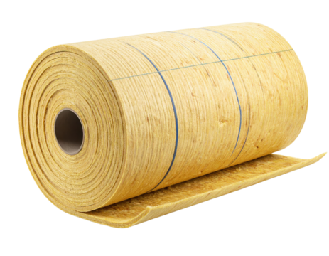 A rolled sheet of yellow insulation material with visible blue guide lines.
