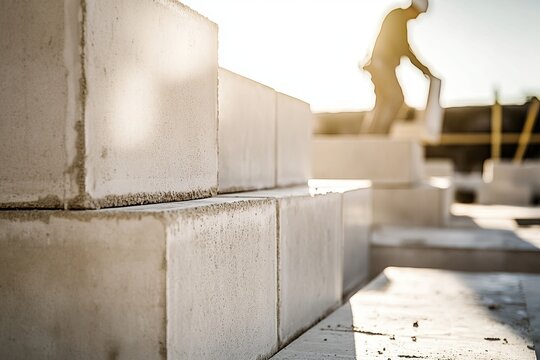 Close-up of concrete blocks at construction site with worker in background