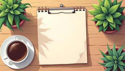 Office Desk Scene with Notepad, Coffee and Plants, Perfect for Mockups