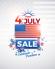Fototapeta premium Happy 4th of July Sale social media post template — vector illustration with USA flag, bold SALE typography, red and blue stars, and “Celebrate Freedom” text on a light background. Perfect for Indepen