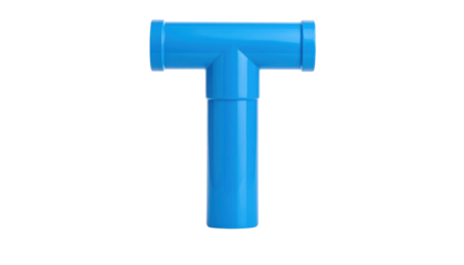 A blue plastic T-shaped pipe fitting used for joining three sections of pipe.