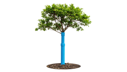 A small tree with dense green foliage and a blue pipe supporting its trunk, planted in a circular patch of soil.