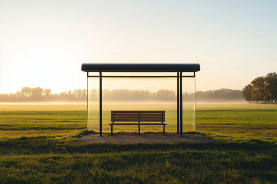 Lonely rural bus shelter at sunrise with misty field and forest backdrop