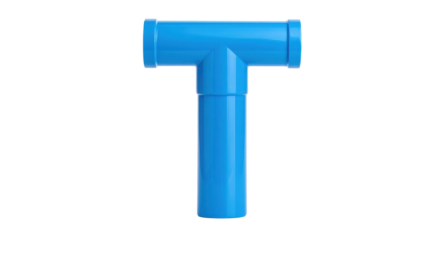 A blue plastic T-shaped pipe fitting used for joining three sections of pipe.
