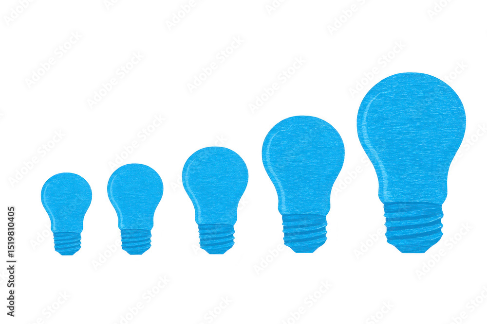 Poster five blue light bulb cutouts in increasing size are arranged in row, symbolizing growth and innovati
