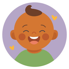 Smiling baby boy with closed eyes in green shirt and round purple background. Flat cartoon avatar illustration. Childhood and early development concept. Design for sticker, card, avatar, print