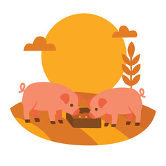 Two pigs eating from trough on orange farmland at sunset with clouds and tree. Flat cartoon vector illustration. Livestock and farm life concept. Design for poster, card, print