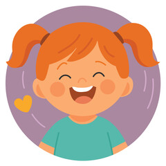 Laughing girl with pigtails in green shirt on round purple background. Flat cartoon avatar illustration. Childhood and happiness concept. Design for sticker, card, avatar, print