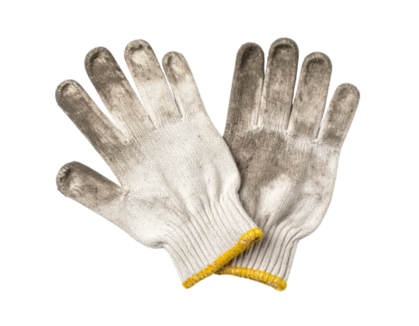 A pair of worn, gray work gloves with yellow cuffs.