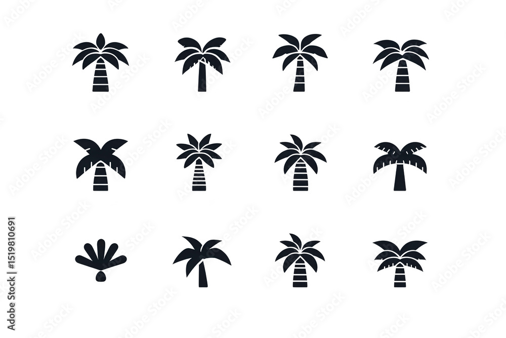 Poster silhouettes of various palm trees are arranged grid pattern, showcasing different leaf shapes and tr