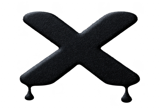 Bold black X with textured surface and dripping effect, creating striking and artistic appearance. design is simple yet impactful, conveying sense of mystery and creativity