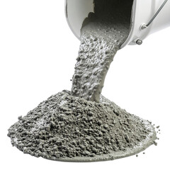 Fresh concrete is being poured from a white bucket onto a surface, highlighting construction materials against a black background.