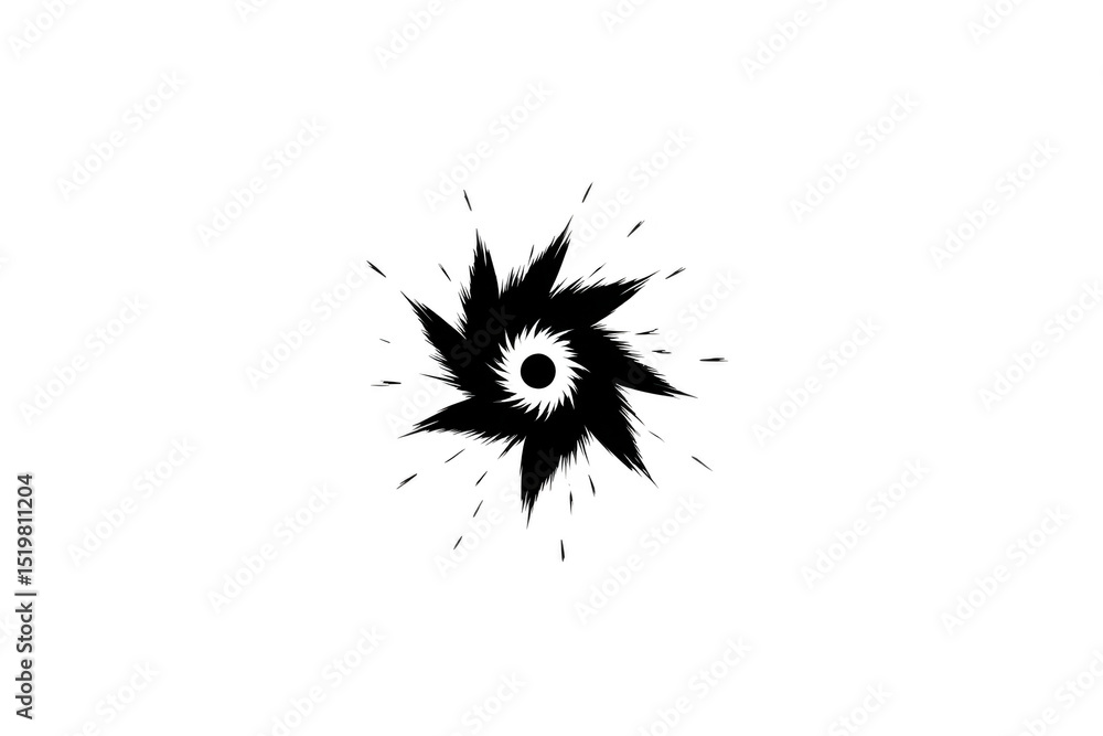 Poster black and white abstract splash design with central circular pattern and radiating splatters, resemb