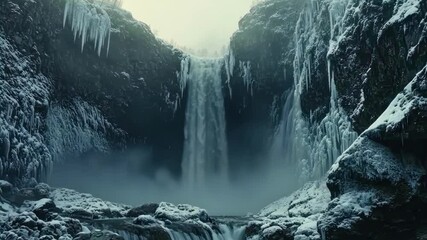 Dramatic Waterfall landscape with frozen rocks and ice in a winter landscape. Snow covered rocks create a cold, wintery nature scene. - Powered by Adobe