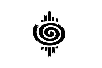 Black spiral symbol with tribal elements, featuring central swirl and radiating lines, evokes sense of mystery and cultural significance. design is simple yet impactful