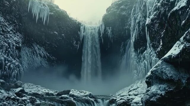 Dramatic Waterfall landscape with frozen rocks and ice in a winter landscape. Snow covered rocks create a cold, wintery nature scene.