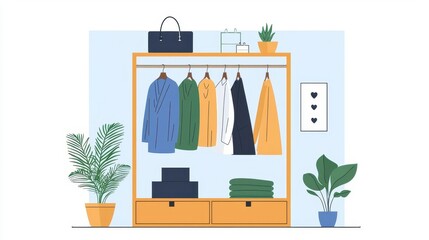 stylish boutique dressing room clipart, fashion store element, flat design, muted pastel, isolated on white background