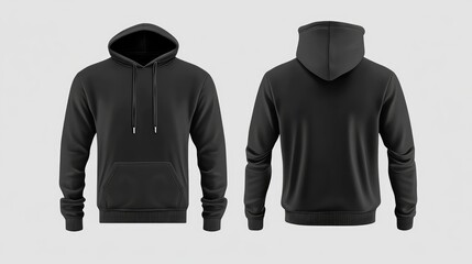 Front and back view of a plain black hoodie with a kangaroo pocket and drawstring hood