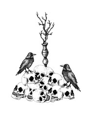 Pile of skulls, black crows, vintage candelabrum and dry branches. Graphic illustration, vector Gothic composition for Halloween, Day of the Dead, esoteric concept. For postcard, posters, stationery