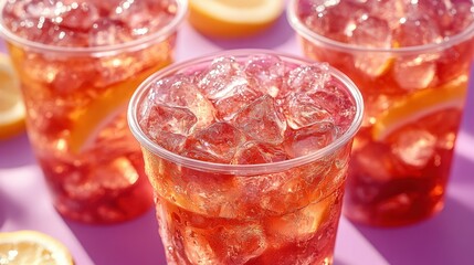 Iced pink drinks in plastic cups, lemon slices