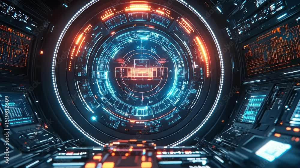 Poster futuristic technology digital interface, advanced system with glowing data and light, high tech, abs