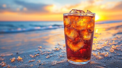 Iced soda glass on beach at sunset (1)