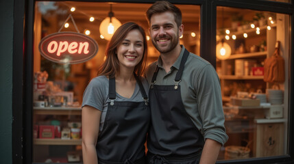 Obraz premium Smiling couple in aprons standing in front of open store, showcasing warmth and friendliness. inviting atmosphere enhances their charm