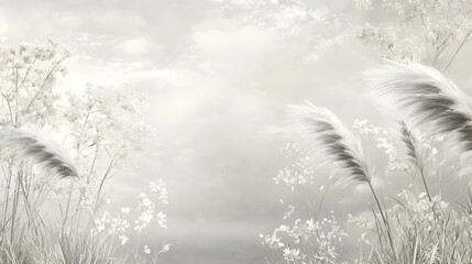 Fototapeta premium Pastel Grey Grass Field Against Cloudy Sky