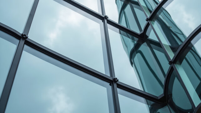 Modern architecture features glass sleek design urban landscape reflective surfaces geometric patterns contemporary style. image evokes sense