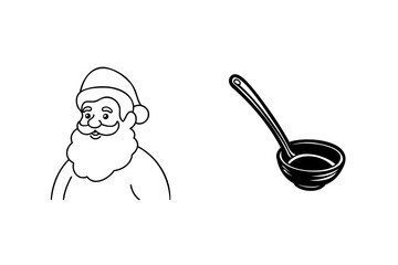 Simple black and white illustration featuring santa claus and a soup ladle on white background