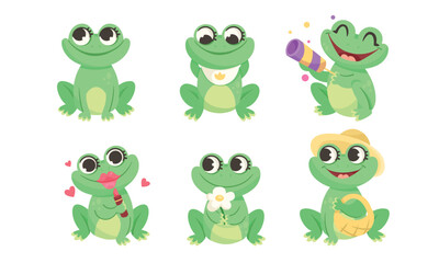 Cheerful Cartoon Frogs Featuring Fun and Vibrant Expressions in a Variety of Bright Colors