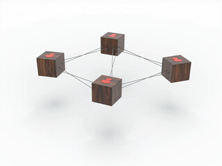 Wooden Cubes Connected with Lines on Blue Background Representing Social Network and Organizational Structure, Illustrating Teamwork, Digital Communication, and Business Collaboration