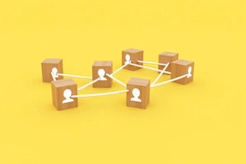Wooden Cubes Connected with Lines on Blue Background Representing Social Network and Organizational Structure, Illustrating Teamwork, Digital Communication, and Business Collaboration