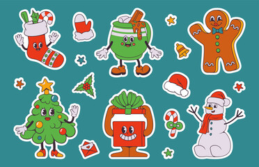 Fun Christmas Character Stickers on Blue Background