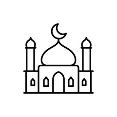 Simple line art icon of a mosque, depicting Islamic architecture. Perfect for websites or apps.