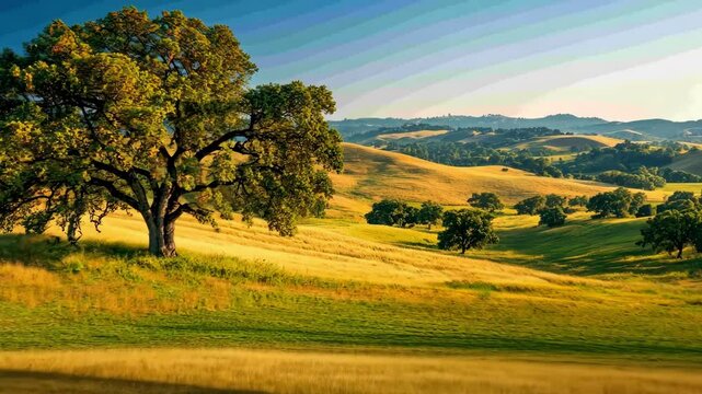 Scenic landscape with oak tree, golden meadow and hills, serene nature view.