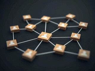 Wooden Cubes Connected with Lines on Blue Background Representing Social Network and Organizational Structure, Illustrating Teamwork, Digital Communication, and Business Collaboration