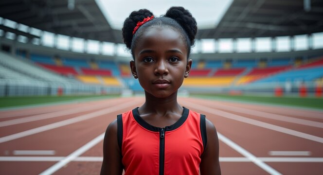 kid child African girl in track and field stadium background sports concept uniform portrait model photoshoot